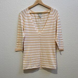 Banana Republic Peach and White Striped V-Neck Top